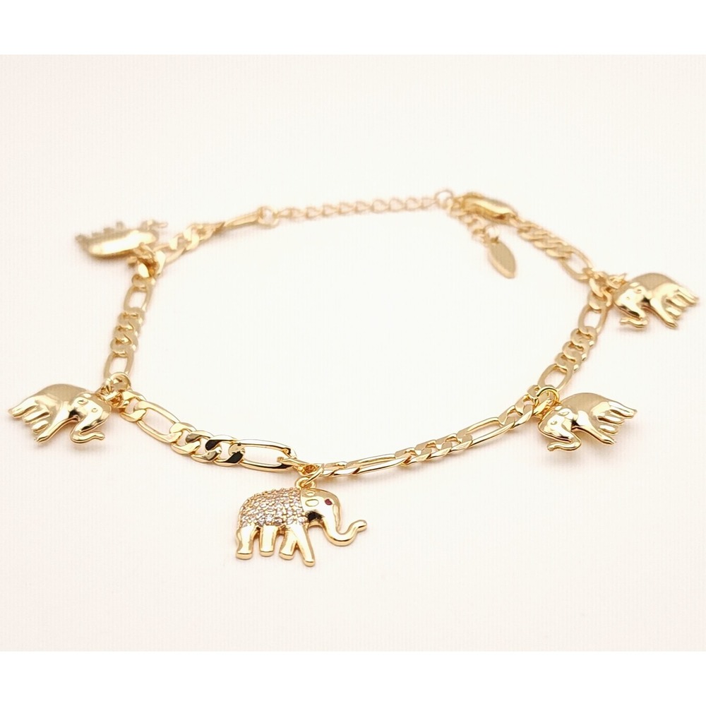 Gold Elephant Charm Bracelet Anklet‎ CZ Adjustable Lucky 7.5in